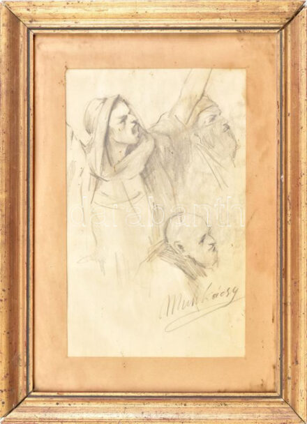 Munkácsy jelzéssel: Alakok. Ceruza, papír. Dekoratív, üvegezett, kissé sérült fakeretben. 28x17 cm