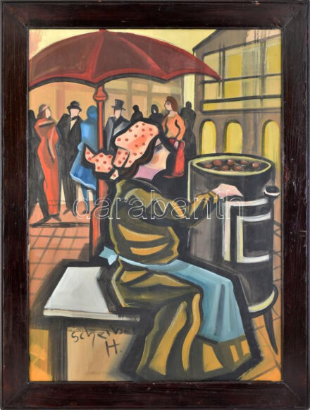 Scheiber H jelzéssel: Városi forgatag. Vegyes technika, papír. Fakeretben. 83x60 cm