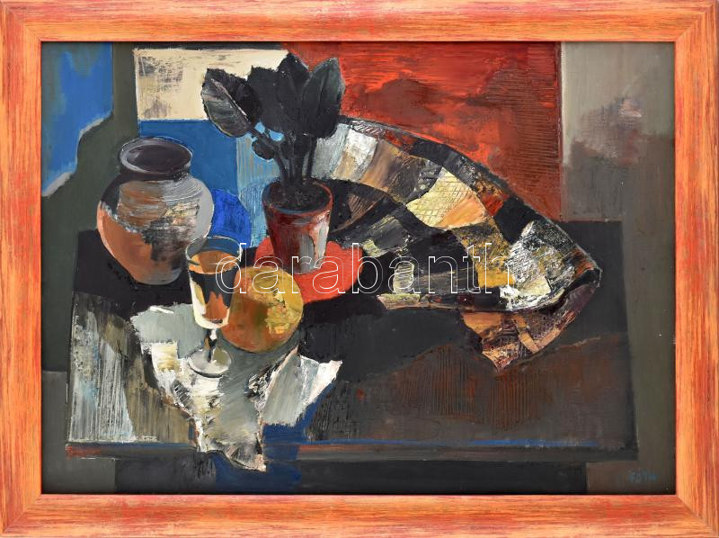 Fóth Ernő (1934-2009): Csendélet, 1960-as évek. Olaj, vászon. Jelezve jobbra lent. A hátoldalán autográf felirattal és Képcsarnok Vállalat címkéjével. Fakeretben. 50×70 cm