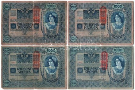 Ausztria 1919 (1902) 1000K mindkét oldal német, piros 'DEUTSCHÖSTERREICH' függőleges felülbélyegzéssel (7db) + 1000K rajzos hátlap, piros 'DEUTSCHÖSTERREICH' vízszintes felülbélyegzéssel T:III- Austria 1902. 1000 Corona both sides