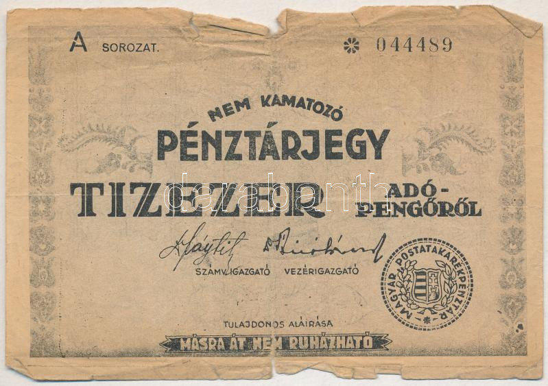 ~1946. 10.000AP nem kamatozó pénztárjegy 'Másra át nem ruházható', bélyegzés nélkül T:III- Adamo P57