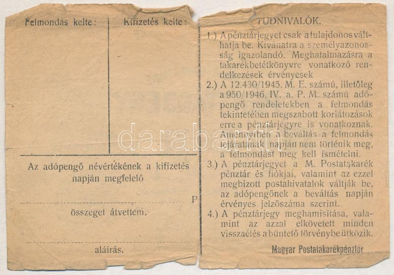~1946. 10.000AP nem kamatozó pénztárjegy 'Másra át nem ruházható', bélyegzés nélkül T:III- Adamo P57 - Image 2