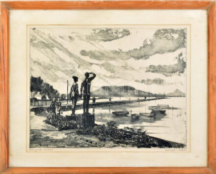 Csurgói Máté Lajos (1931-2001): Fonyódi móló, rézkarc, papír, jelzett, üvegezett fakeretben, 29×39,5 cm