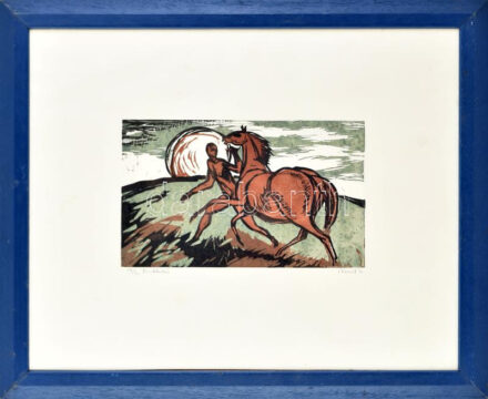 Novák Lajos (1927-1989): Futtatás. Linómetszet, papír, jelzett, számozott (50/44), üvegezett fakeretben, 17×28 cm