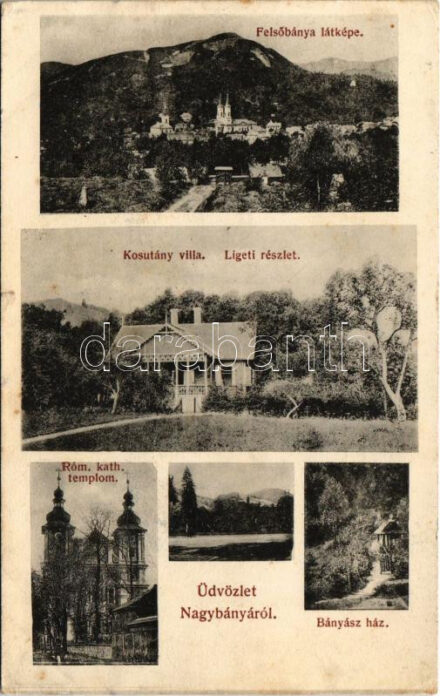 1911 Nagybánya, Baia Mare; Felsőbánya látképe, Kosutány villa és liget, Római katolikus templom, Bányász ház. Kovács Gyula kiadása / Baia Sprie, villa and park, church, mining house (kis szakadás / small tear)
