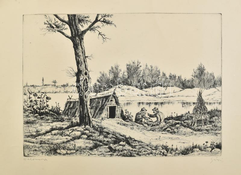 Gácsi Mihály (1926-1987): Halvacsora. Rézkarc, papír, jelzett, lap széle kissé foltos, törésnyomokkal, feltekerve 29,5x40 cm