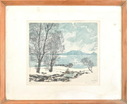 Csurgói Máté Lajos (1931-2001): Téli Balaton, rézkarc, papír, jelzett, üvegezett fakeretben, paszpartu széle foltos, 24,5×29 cm