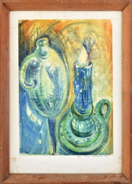 Obernig Tibor (?-?): Pécsi csendélet lopóval, 1972. Akvarell, papír, jelzett. Üvegezett fakeretben. 49x34 cm