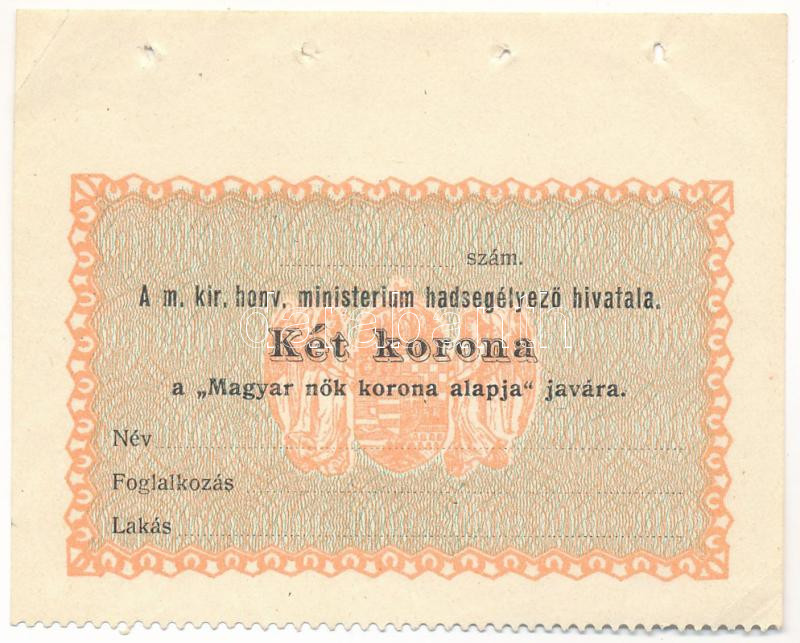 Budapest 1914-1919. 2K 'Magyar nők korona alapja II.' mind számozás nélkül, kitöltetlen T:I- Adamo BUB-15