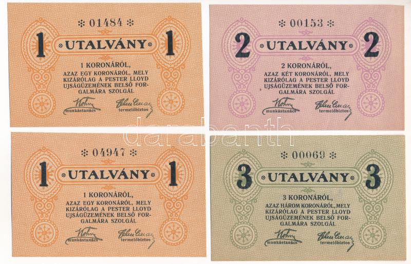 Budapest ~1920. 1K (2x) + 2K + 3K 'Pester Lloyd' utalvány, közte hátoldalon bélyegezve (2x) T:I,II Adamo BUC-212
