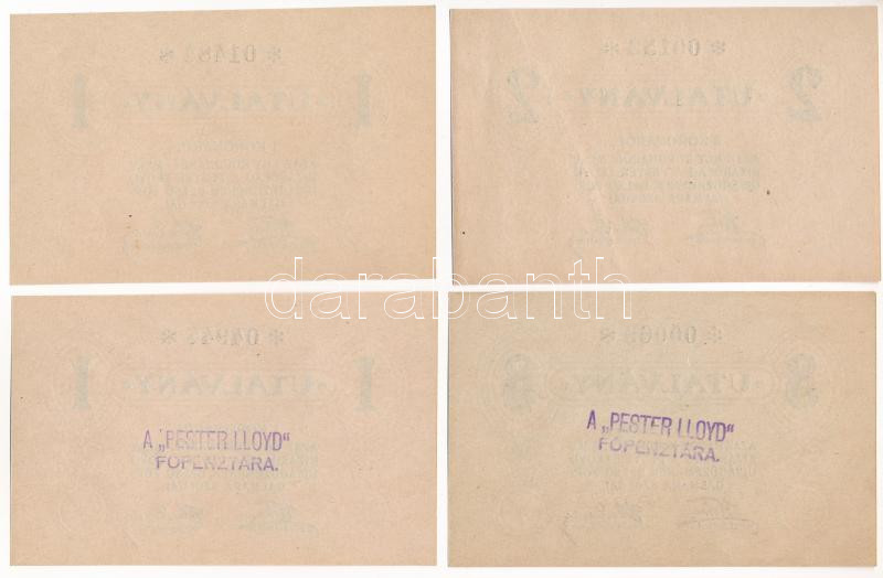 Budapest ~1920. 1K (2x) + 2K + 3K 'Pester Lloyd' utalvány, közte hátoldalon bélyegezve (2x) T:I,II Adamo BUC-212 - Image 2