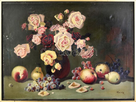 Olvashatatlan jelzéssel: Csendélet. Olaj, vászon. Dekoratív, kissé sérült fakeretben. 55x76 cm