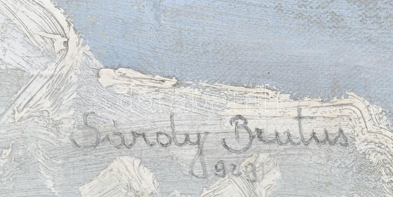 Sárdy Brutus (1892-1970): Dunaparti táj, 1929. Olaj, vászon, kartonon. Jelzett. Hátoldalán 1929. évi tavaszi kiállítás kiállítási raglapjával. 42x54 cm. - Image 2