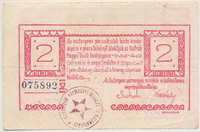 Esztergom 1919. június 10. 2K 'Esztergomi Pénzintézetek Utalványa' T:III Adamo EST1.1 - Image 2