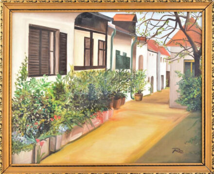Re jelzéssel: Utcarészlet. Olaj, farost. Dekoratív, kissé sérült fakeretben, 40×50 cm