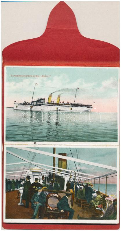 Erinnerung an meine Helgolandfahrt mit Turbinen-Schnelldampfer 'KAISER' - Leporello füzet 9 képeslappal / leporello booklet with 9 pre-1945 postcards of 'Kaiser' German steamship