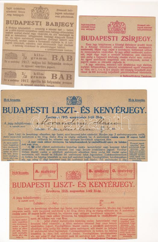 Budapest 1917. 'Budapesti Babjegy' + DN 'Budapesti Zsírjegy' + 1918 augusztus. 'Budapesti Liszt- és Kenyérjegy' + 1918 szeptember 'Budapesti Liszt- és Kenyérjegy' T:I-,II