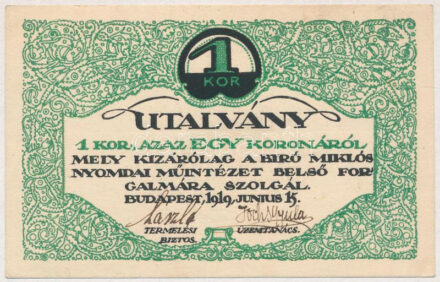 Budapest 1919. 1K 'Bíró Miklós Nyomdai Műintézete' utalvány T:I- fo. Adamo BUC28.3