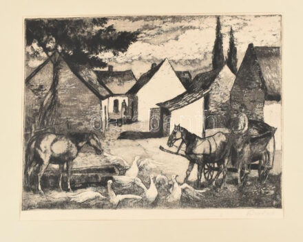 Benke László (1903-1983): Lovak. Rézkarc, papír, jelzett, paszpartuban. 29x39 cm