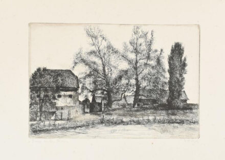 Varga Nándor Lajos(1895-1978): Bocsor-malom Pápán. Rézkarc, papír, kartonra kasírozva, jelzett, apró foltokkal, 20×29 cm