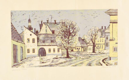 Csavlek András (1942-): Sopron télen. Színes linómetszet, papír, jelzett, kissé hullámos, lapszéli apró foltokkal és törésnyommal, 23×43 cm