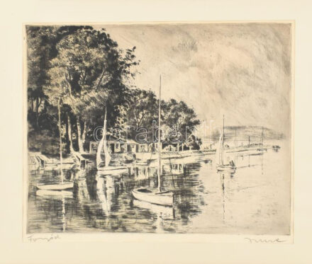 Imre István (1918-1983): Fonyód (Vitorlások a Balatonon). Rézkarc, papír, jelzett, paszpartuban, 29×36 cm