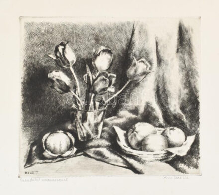 Kiss Terézia (1928-2016): Csendélet naranccsal. Rézkarc, papír, jelzett, kartonra kasírozva, 25×29 cm