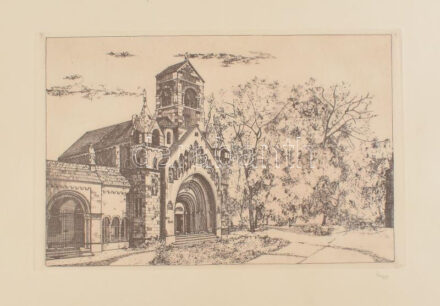Hepp Edit (1947-): Jáki kápolna (Budapest, Városliget). Rézkarc, papír, jelzett, 19×29 cm