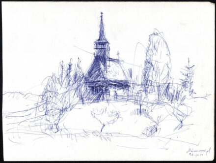 Bod László (1920-2001): Máramarossziget, 1998. Golyóstoll, papír, hátoldalán hagyatéki pecséttel jelzett. 24x32 cm