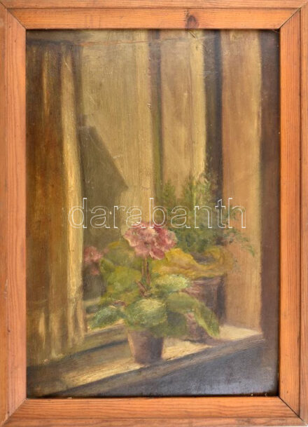 Horváth M. jelzéssel: Muskátli az ablakban. Olaj, karton. Fakeretben. 50x34,5