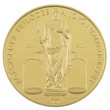 Kósa István (1953-) 2001. 'Richter Gedeon RT. 2001 Centenárium / Egészséges fejlődés a jövő nemzedékéért - Aszklépiosz' kétoldalas aranyozott fém emlékérem (42mm) T:1- (PP)