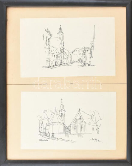 Vákár Tibor (1908 - ): Templomok. Tus, papír, jelezett, üvegezett keretben. 18x29,5cm