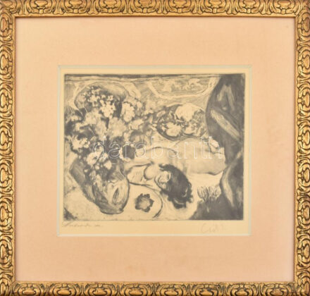 Csók István (1865-1961) - Prihoda István (1891-1956): A Műteremben. Rézkarc, papír, jelzett (Csók). Üvegezett dekoratív fakeretben, 22x29,5 cm