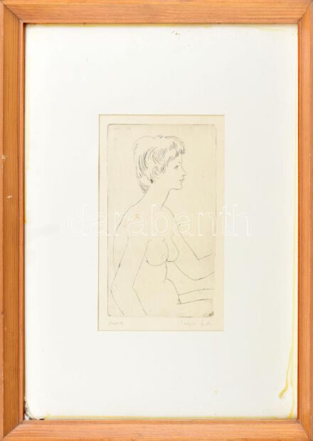 László Gyula (1910-1998): ,,Modell' Női akt. Rézkarc, papír, jelzett, üvegezett fakeretben, 19x11 cm,
