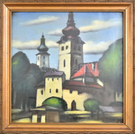 Ruttkay Nedeczky Vilmos, besztercebányai festőiskola igazgatója: Besztercebánya, Banská Bystrica, Várnegyed, Mária-templom. Olaj, vászon, jelzés nélkül, keretben, 31x31 cm