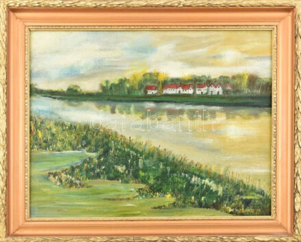 Szabó Marika: Tópart. Olaj, farostra kasírozott vászon. Jelzett. Keretben. 40x50 cm