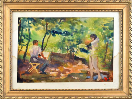 B. Kalmár Mária (?-): Festői akt a szabad. Akvarell, papír, üvegezett keretben, jelzett, paszpartun foltok, papíron kis hajtásnyom. 24x32cm