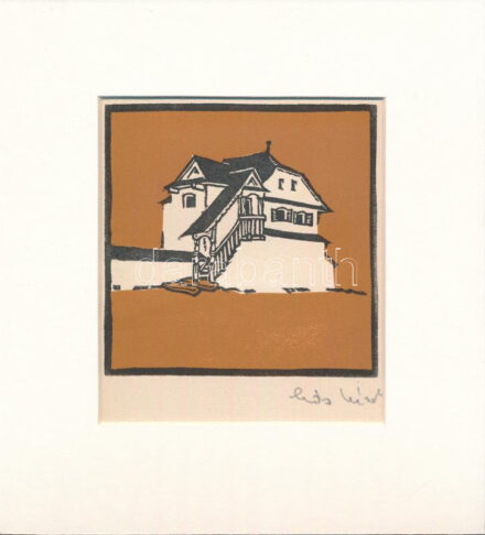 Kós Károly (1883-1977): Ház. Linómetszet, papír, utólagos jelzéssel, paszpartuban, 11×11 cm