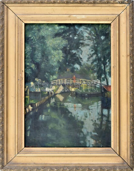 Jelzés nélkül: Hídon álló. Olaj, vászon, Jelzett. 24x32 cm