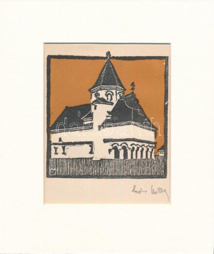 Kós Károly (1883-1977): Városháza. Linómetszet, papír, utólagos jelzéssel, paszpartuban, 11×11 cm
