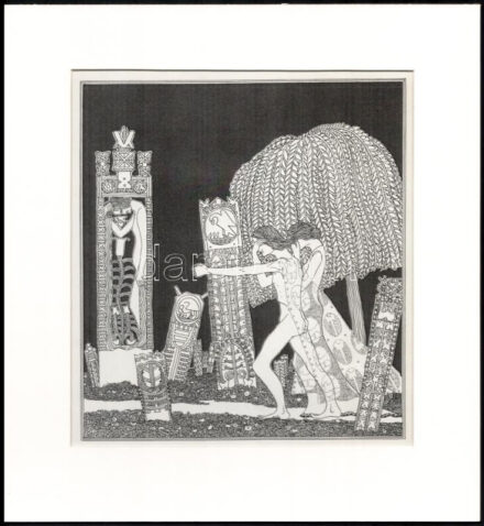 Kozma Lajos (1884-1948): Temetőben. Cinkográfia, papír, jelzett a cinkográfián, paszpartuban, 20×17 cm