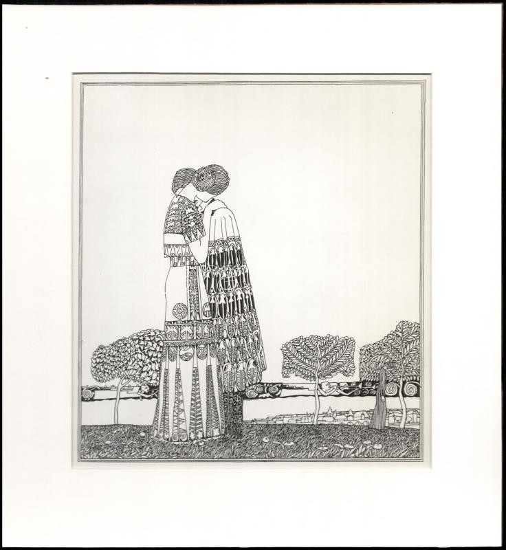 Kozma Lajos (1884-1948): Ölelés. Cinkográfia, papír, jelzett a cinkográfián, paszpartuban, 20×17 cm