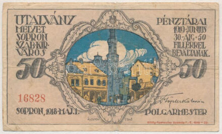 Sopron 1918. május 1. 50f utalvány T:III- Adamo kat.-ban nem szerepel