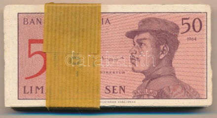 Indonézia 1964. 50s (100x) sorszámkövetők 'FTQ 088790 - FTQ 088889' sérült kötegelővel T:I-II folt Indonesia 1964. 50 Sen (100x) consecutive serials 'FTQ 088790 - FTQ 088889' with damaged currency strap C:UNC-XF spot Krause P#94