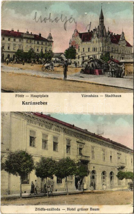 Karánsebes, Caransebes; Fő tér, Városháza, M. Lichteneckert szállodája a zöld fához, piac. Perlfaster H. és fia kiadása / main square, town hall, hotel, market (EK)