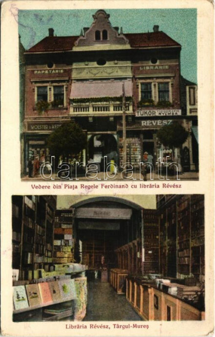 Marosvásárhely, Targu Mures; Ferdinánd király tér, Wolster és Kertész üzletei, Tükör nyomda, Révész könyvesboltja és saját kiadása, belső / Vedere din Piata Regele Ferdinand cu libraria Révész / square, shops, printing house,