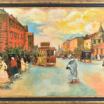 Berkes jelzéssel: Városi forgatag. Olaj, vászon. Dekoratív fa keretben, 62x104 cm