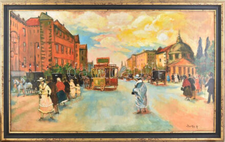 Berkes jelzéssel: Városi forgatag. Olaj, vászon. Dekoratív fa keretben, 62x104 cm