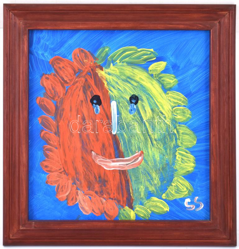 SS jelzéssel: Piros-zöld fej. Akril, karton, fakeretben, 37x34,5 cm - Image 2