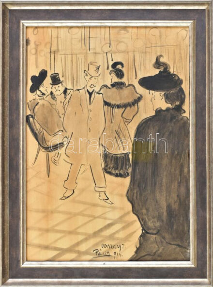 Vaszary jelzéssel: Kávéházi társaság. Tus, papír. Dekoratív, üvegezett fakeretben, 40x30 cm